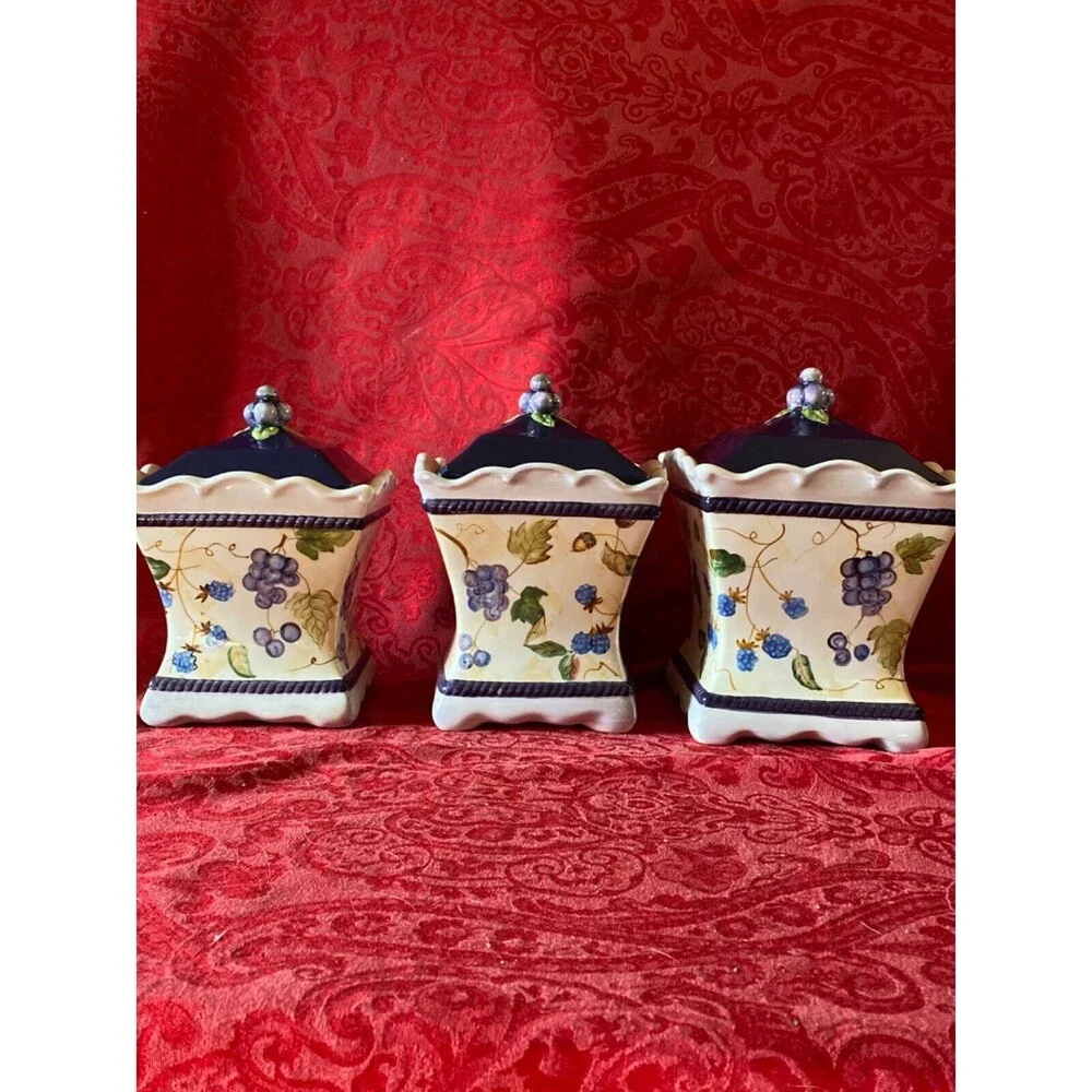 Vintage Set of 3 Capriware Canisters Hand Painted Grapes Berries Covered Jars